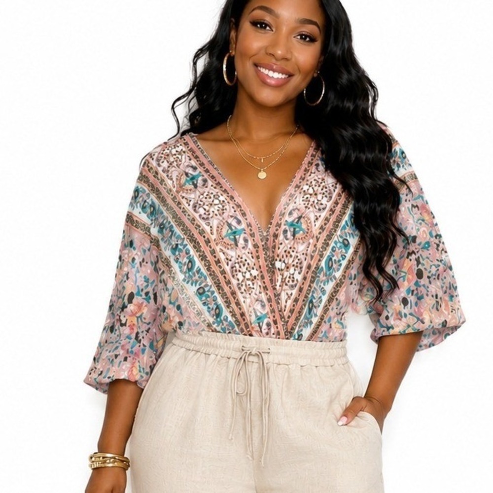 Entro Pink Paisley Floral Boho Bodysuit Dolman Sleeve Surplice V-Neck Small